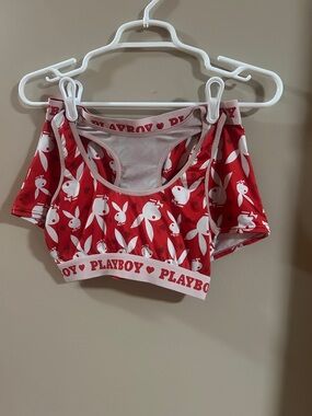 PLAYBOY Red and White Bunny Logo Sports Bralette